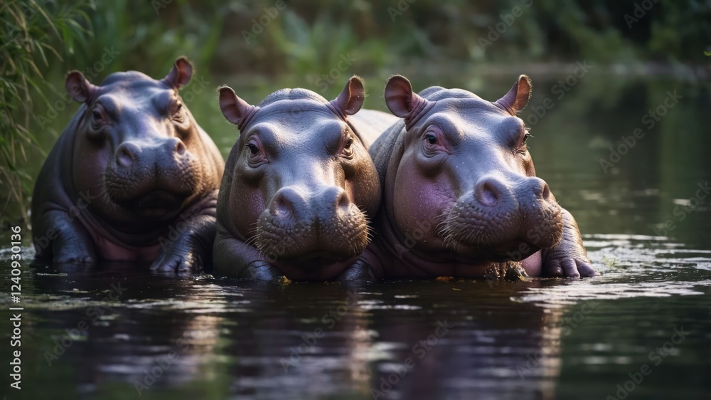 Three hippos relaxing in a serene waterway, surrounded by lush greenery and calm reflections Three hippos relaxing in a serene waterway, surrounded by lush greenery and calm reflections