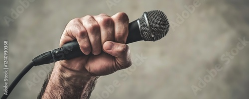 Close up of a Man s Hand Holding a Microphone Powerful Vocal Performance Concept photo