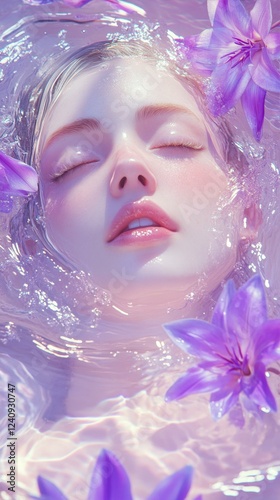 Wallpaper Mural Woman In Water With Purple Flowers Serene Floating Portrait Close Up Relaxing Calm Peaceful Dreamy Torontodigital.ca