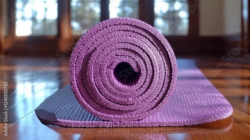 Rolled up purple yoga mat on wooden floor near windows.