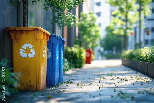 Vibrant Colorful Recycling Bins A Set of Public Waste Sorting Containers with Clear Labels for Easy Waste Disposal in Urban Environments Promoting Sustainable Practices Through Public Recycling