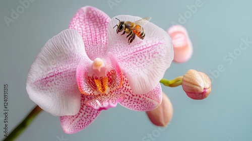 A close-up of a bee pollinating an orchid flowerphotorealistic portrait,