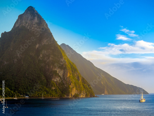 sailing cruise ship of Windstar Cruises, in the background the volcanoes Gros Piton and Petit Piton, volcanic cores, Soufrière region, Saint Lucia, St. Lucia,  Caribbean, Caribbean Sea, North America photo