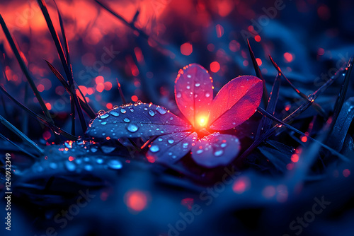 Glowing Red Flower with Dew Drops in Dark Blue Grass at Night photo