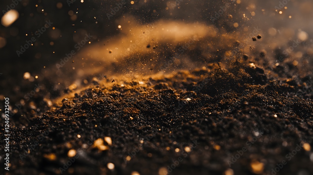 Abstract Macro Shot: Textured Dark Earth with Sparkling Golden Dust