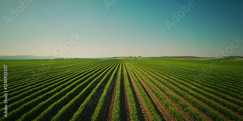 Lush green field under a bright sky, showcasing rows of crops and vibrant landscape, perfect for nature and agriculture themes.
  photo