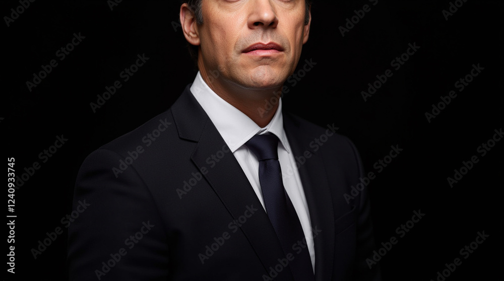 Elegant man in formal attire poses confidently against a dark background during a studio portrait session, showcasing timeless style and sophistication