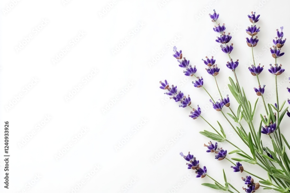 Fototapeta premium Fresh lavender sprig on the right against a white background with copy space