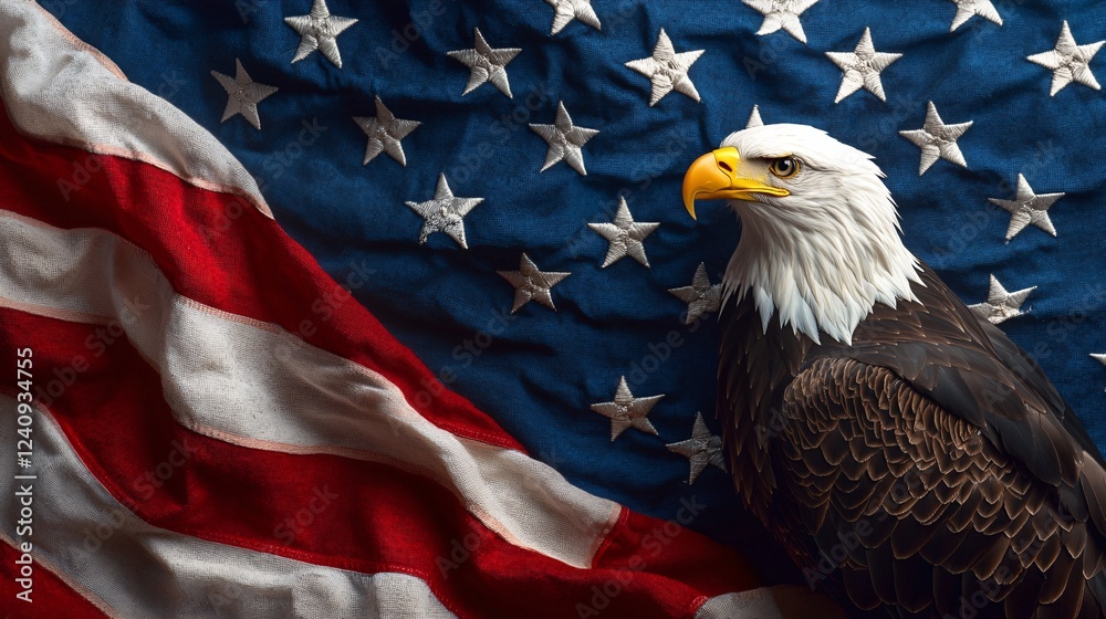 Naklejka premium Bald Eagle Portrait Against American Flag