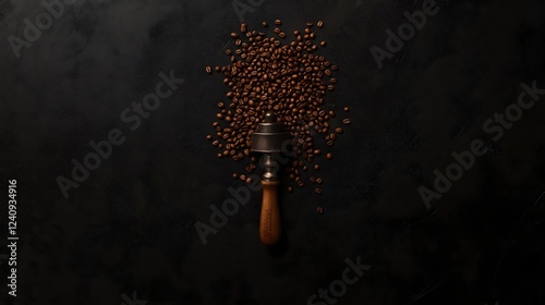 Coffee beans and tamper on dark textured background, rustic concept. photo