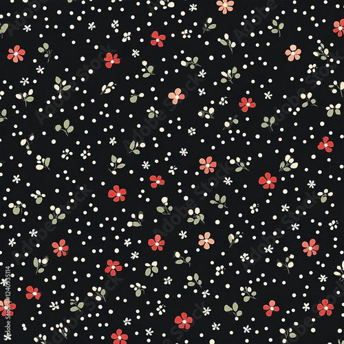 Seamless floral pattern featuring red and peach flowers with leaves on black background