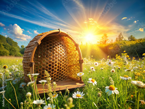 Golden honeycomb cells glimmer in morning light near wooden skep surrounded by wildflowers. vibrant scene captures beauty of nature at sunrise, evoking sense of tranquility photo