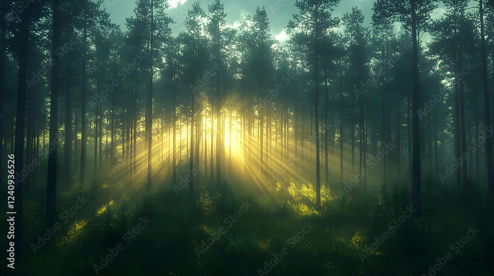 Fototapeta premium Golden Sunrise Rays in a Mystical Forest