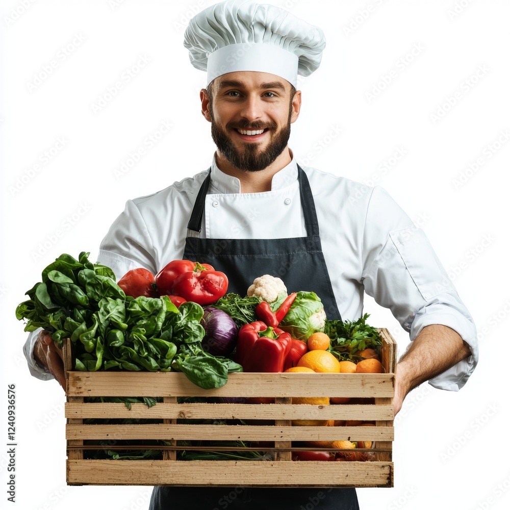 Happy chef presenting fresh vegetables and fruits in wooden crate for healthy cooking and delicious meal preparation Happy chef presenting fresh vegetables and fruits in wooden crate for healthy cooking and delicious meal preparation