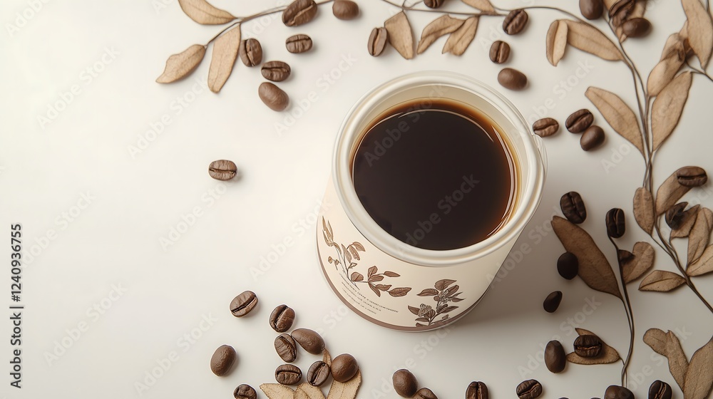 Obraz premium Aromatic Coffee Cup with Beans and Dried Leaves on White Background