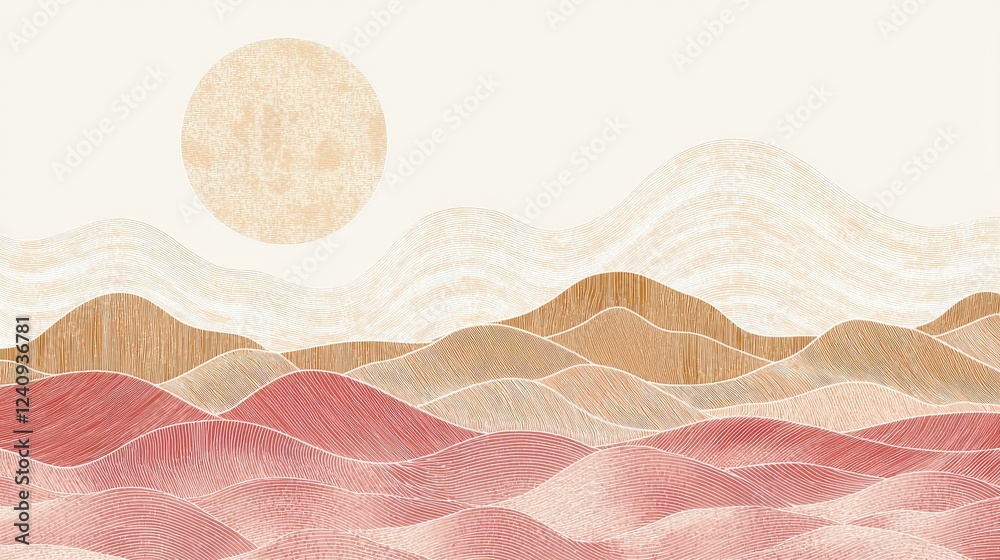 Obraz premium Silhouette of a Simple Planet with Textured Hills and Sun Design in Neutral Tones for Vector Illustration Purposes