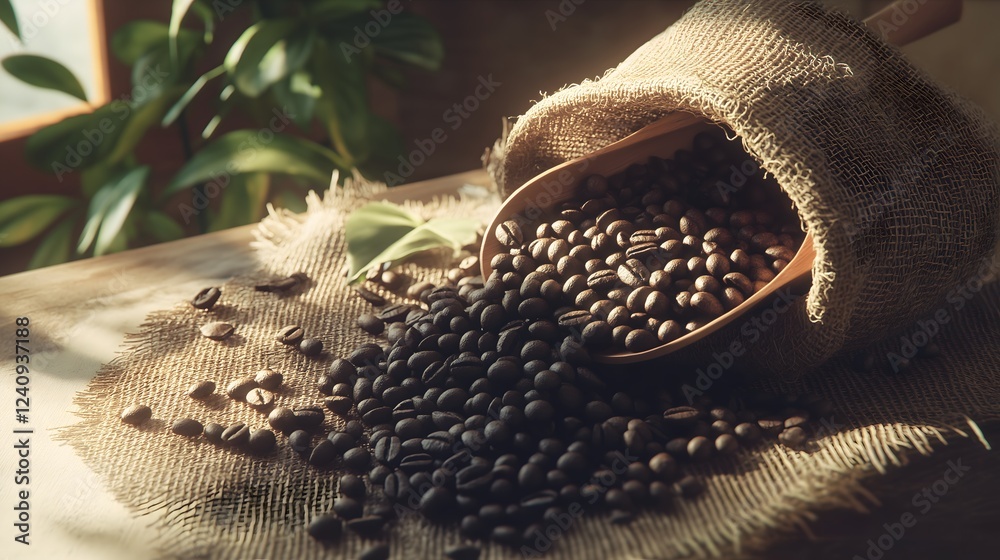 Aromatic coffee beans spilling from burlap sack with wooden scoop still life Aromatic coffee beans spilling from burlap sack with wooden scoop still life