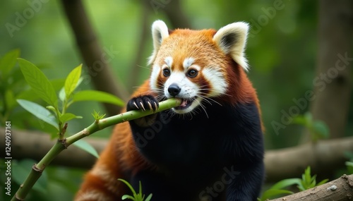 Red panda eating bamboo in a naturalistic enclosure, leaves, food photo