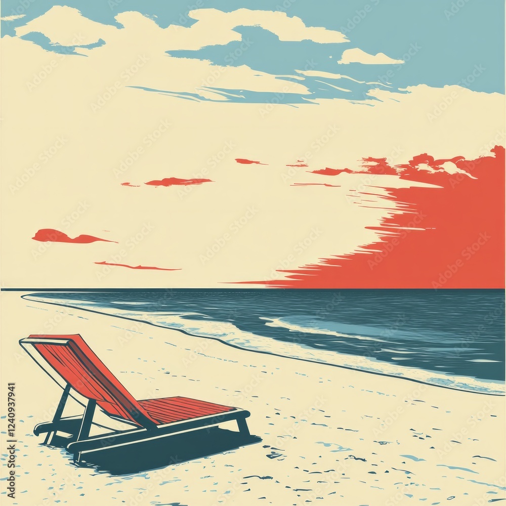 Retro beach scene with lounge chair and dynamic sky Retro beach scene with lounge chair and dynamic sky