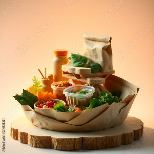 “Sustainable food concept with plant-based meals and reusable packaging.”