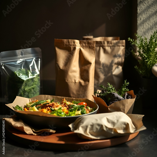 “Sustainable food concept with plant-based meals and reusable packaging.”