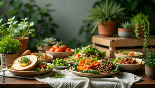 “Sustainable food concept with plant-based meals and reusable packaging.”