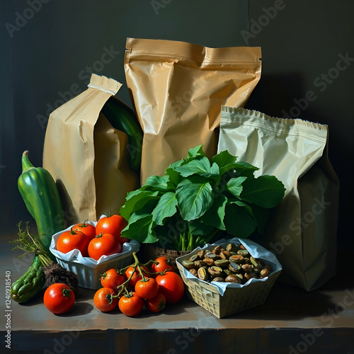 “Sustainable food concept with plant-based meals and reusable packaging.”