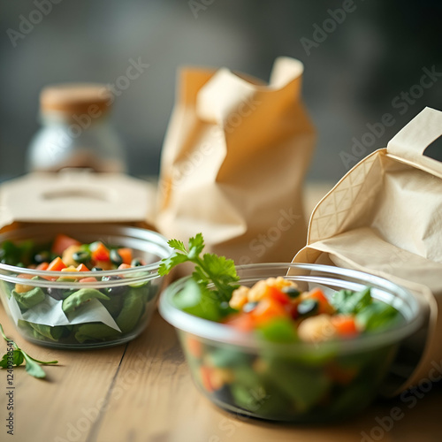 “Sustainable food concept with plant-based meals and reusable packaging.”