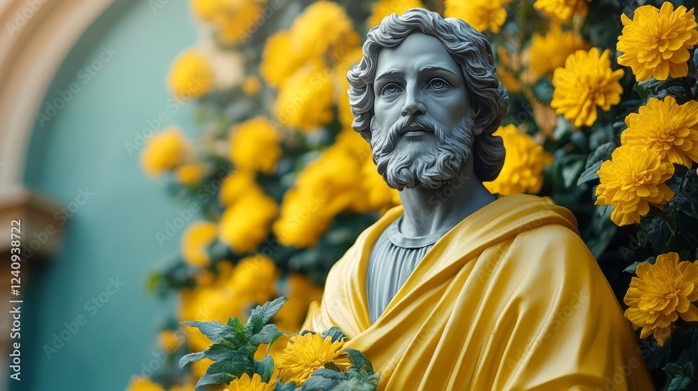 A Statue Of Saint Joseph, Draped In A Yellow Robe, Stands Before A Backdrop Of Yellow Flowers. A Statue Of Saint Joseph, Draped In A Yellow Robe, Stands Before A Backdrop Of Yellow Flowers.