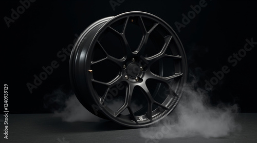 Sleek black alloy wheel positioned in smoke against a dark background showcasing modern automotive design