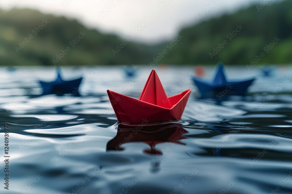 A vibrant red paper boat floats serenely on calm waters, surrounded by blue paper boats, evoking a sense of tranquility. A vibrant red paper boat floats serenely on calm waters, surrounded by blue paper boats, evoking a sense of tranquility.