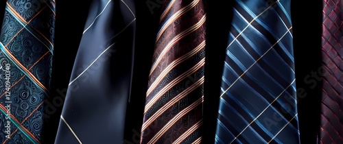 Closeup of various colorful ties neatly arranged showcasing intricate patterns and textures eloquently inviting style and sophistication photo