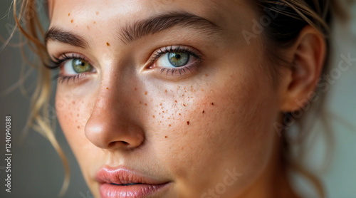 Wallpaper Mural Close-up of young woman with light skin, freckles, and long wavy hair, natural beauty portrait with soft bokeh background Torontodigital.ca