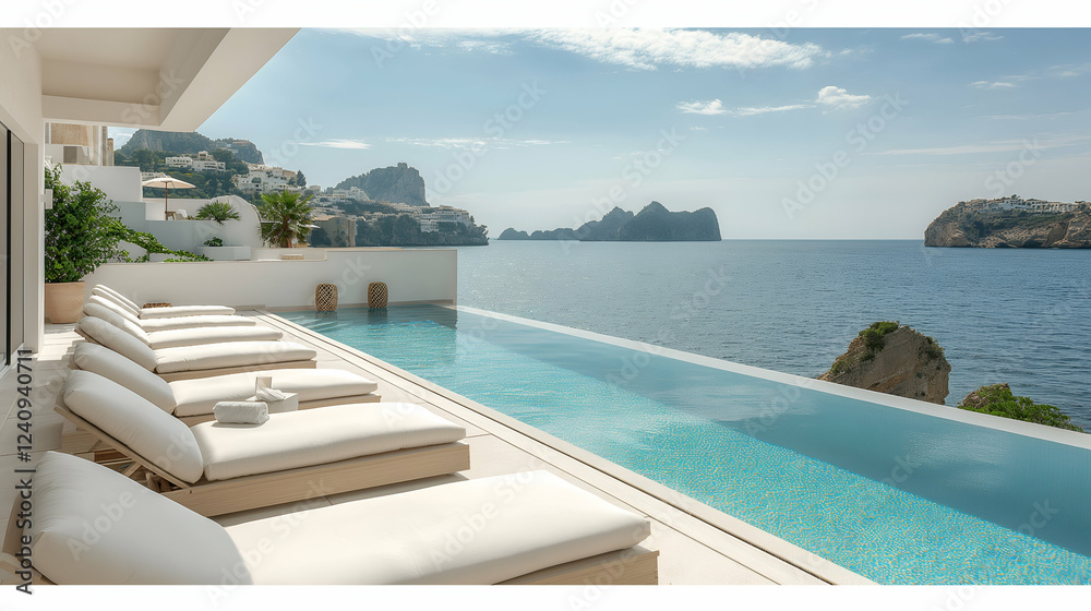 Fototapeta premium Mediterranean Villa with Infinity Pool Ocean View, Blue Sky and Calm Water Design.