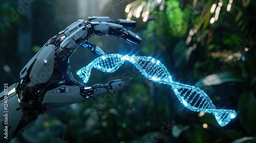 Robotic Hand Holding Luminescent DNA Strand in Lush Green Environment