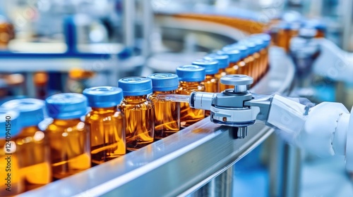 Fully automated pharmaceutical production line with robotic arms filling vials with precision, sterile high-tech setting.