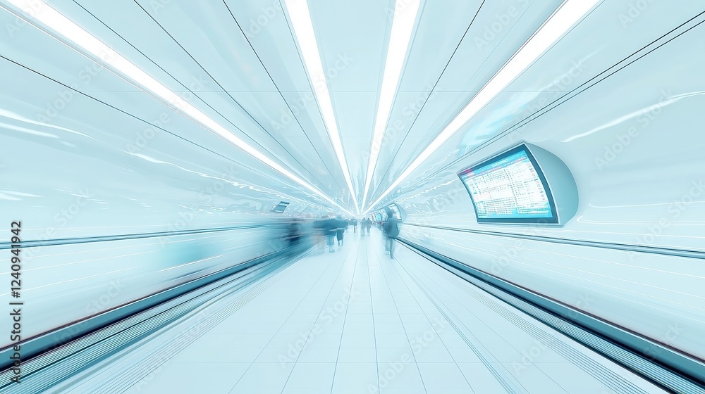 Obraz premium Vibrant Underground Metro Station with Illuminated Ceilings, Dynamic Advertisements, Busy Commuters, Swift Train Arrivals, Engaging Perspectives, Energetic Atmosphere