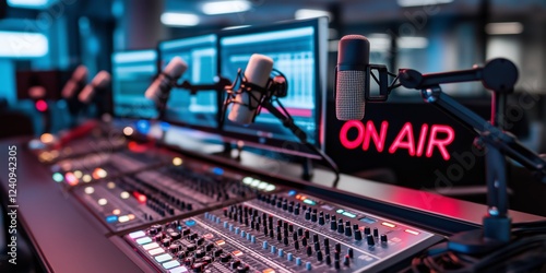 Microphones, mixing console, and computers are set up in a professional radio studio, ready for a live broadcast, with an illuminated on air sign glowing in the background photo