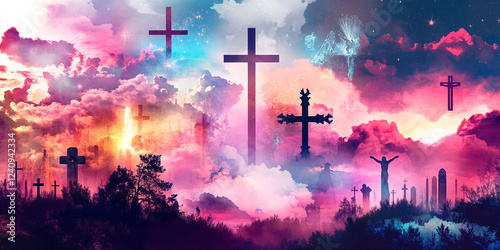 Abstract religious background with crosses. Christian art