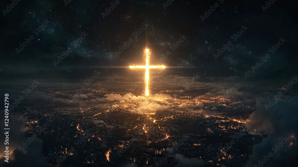 Christian background. Glowing cross of lights over the night city Christian background. Glowing cross of lights over the night city