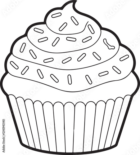 A children's coloring page with an outline of a cupcake