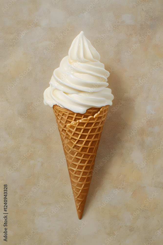 Creamy vanilla ice cream in waffle cone against textured background Creamy vanilla ice cream in waffle cone against textured background