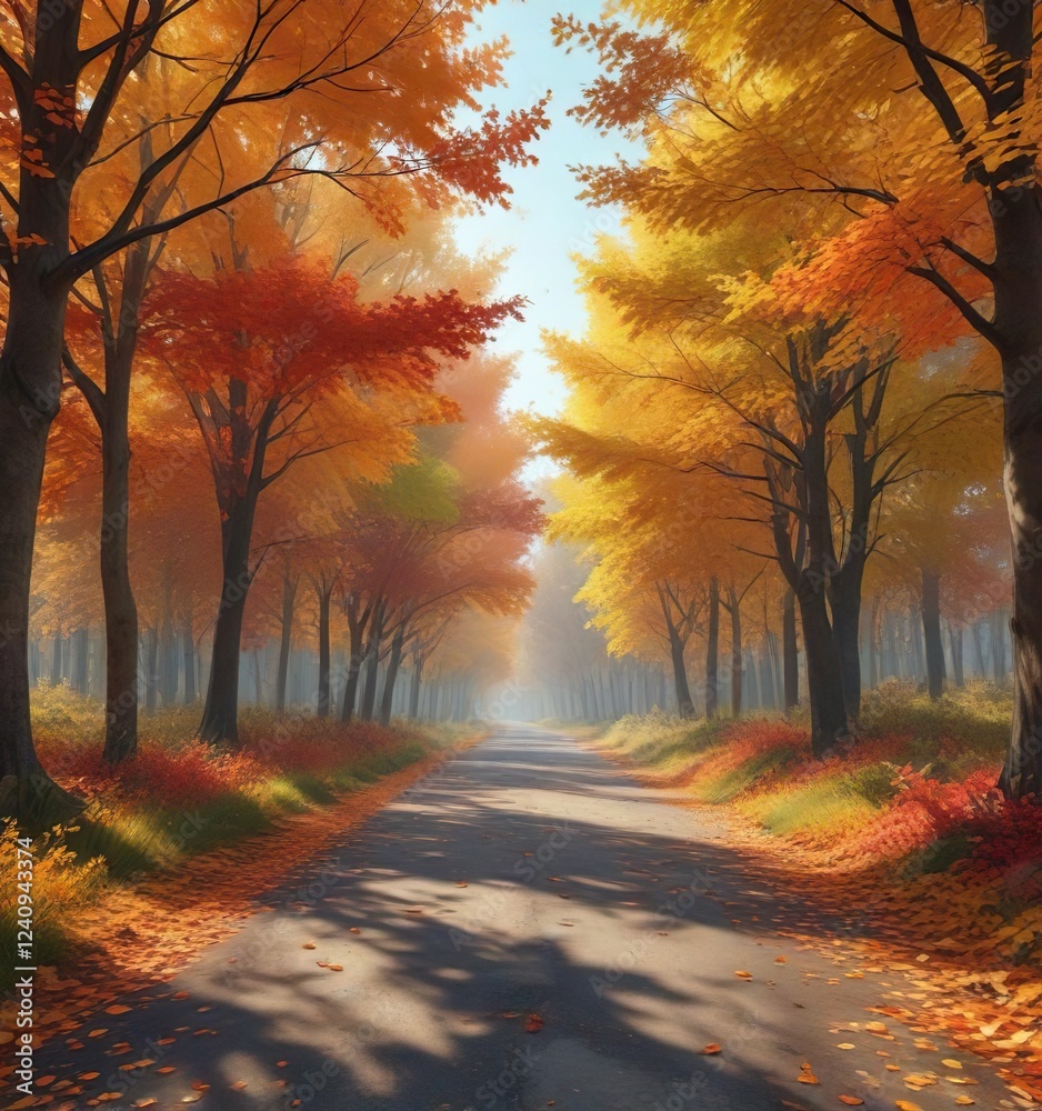 Fototapeta premium Vibrant colors of autumn leaves scattered along the forest road and trees in full hue, colorful landscape, warm sunny morning