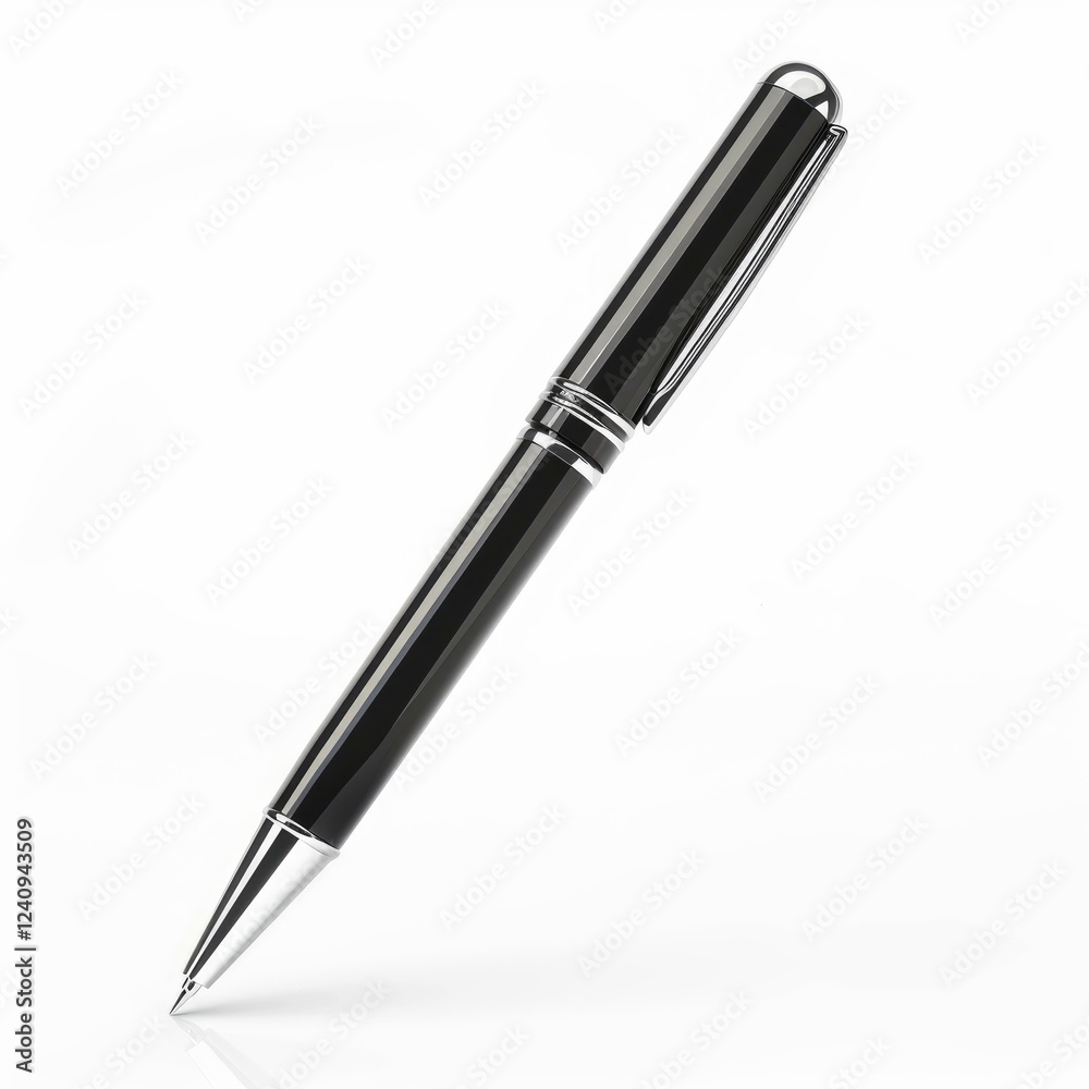 Stylish ballpoint pen resting on a white surface, creating a subtle reflection Stylish ballpoint pen resting on a white surface, creating a subtle reflection