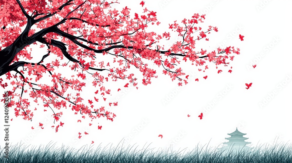 Fototapeta premium Elegant Spring Blossoms with Pastel Colors Against a White Background Featuring a Serene Pagoda and Flying Butterflies