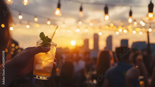 A rooftop party is a vibrant and exhilarating experience, set against a breathtaking skyline with twinkling city lights. The atmosphere is alive with laughter, music, and the chatter of friends, as gu