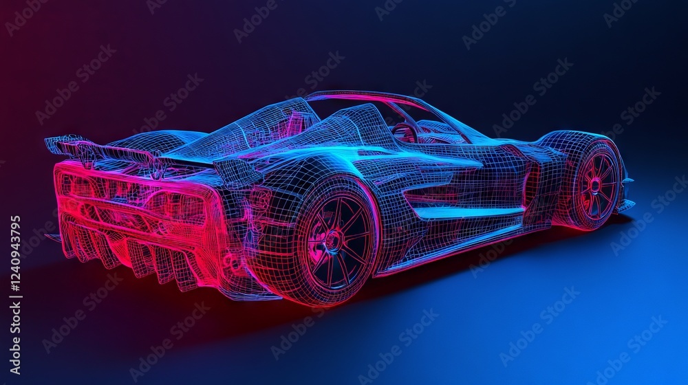 Naklejka premium Neon futuristic sports car wireframe model shining on dark background