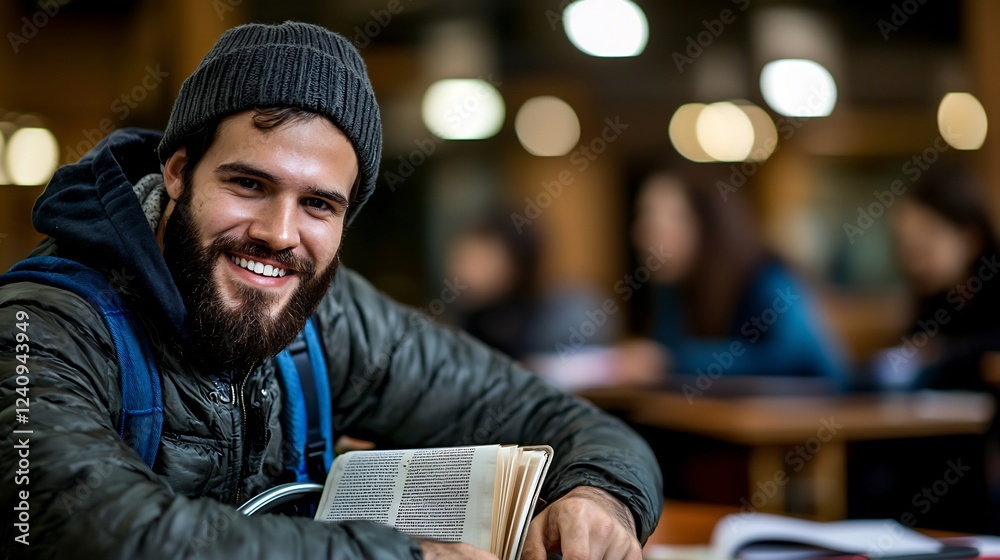 Smiling Young Bearded Man in Wheelchair at University Smiling Young Bearded Man in Wheelchair at University