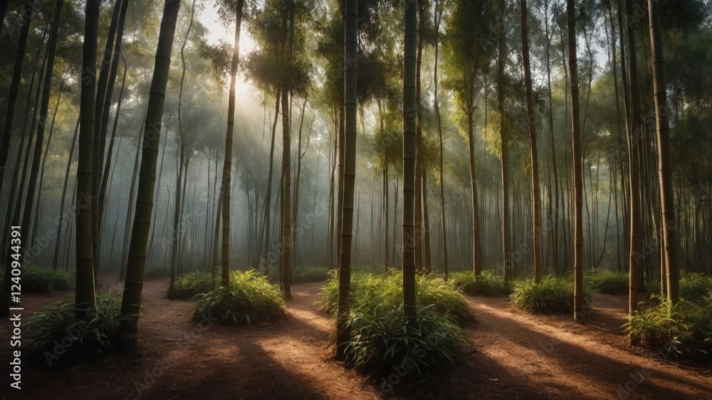 Obraz premium Serene bamboo forest with sunlight filtering through trees, creating a tranquil atmosphere