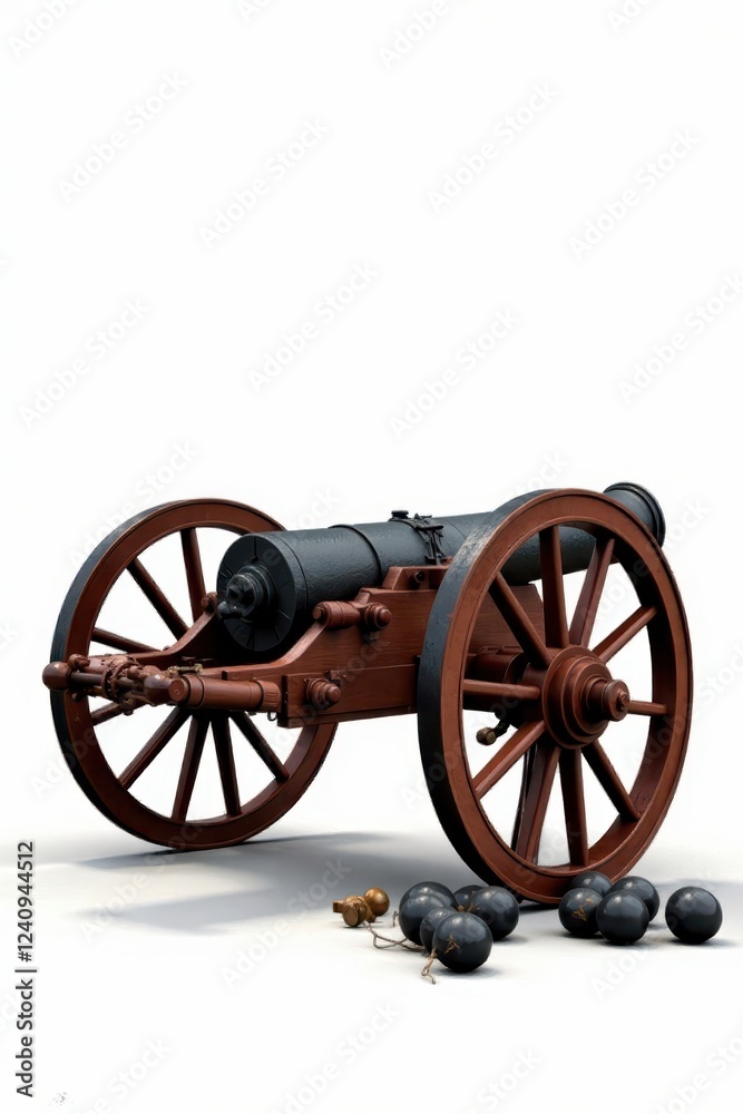 Antique wheeled cannon, iron cannonballs Isolated , isolated object, isolated Antique wheeled cannon, iron cannonballs Isolated , isolated object, isolated